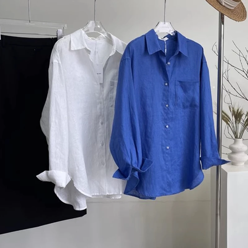 克莱因蓝亚麻衬衫男款夏季高级感轻薄棉麻长袖衬衣老钱风防晒外套