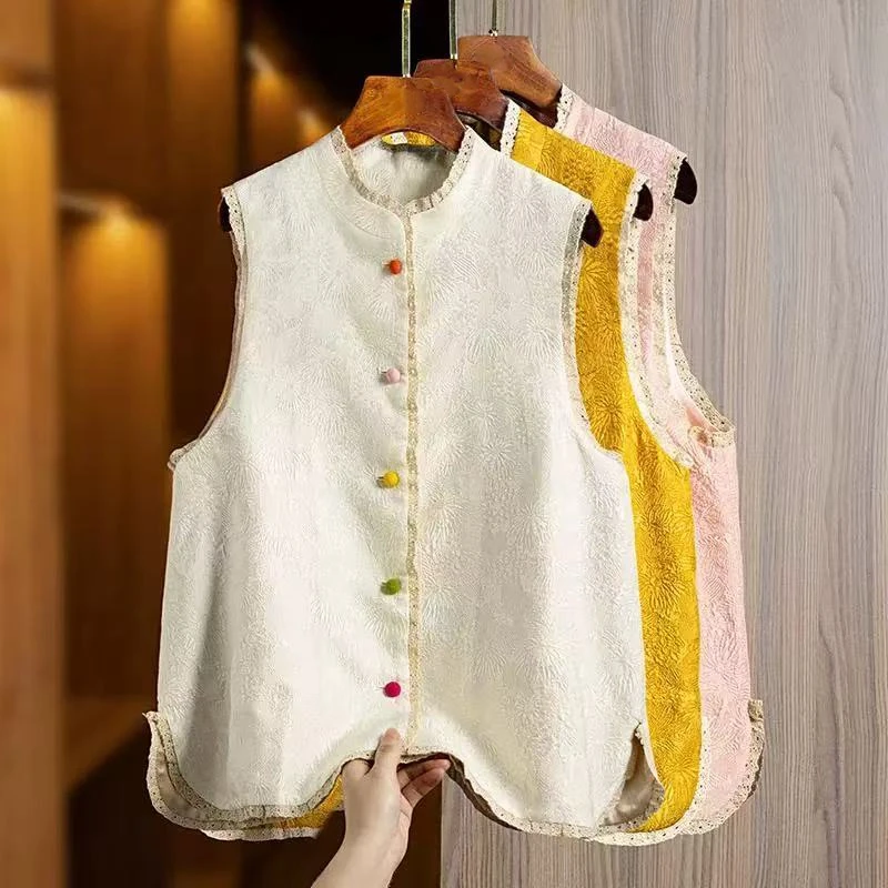 国风真丝提花马甲背心女2025早春新款蕾丝花边气质复古新中式上衣