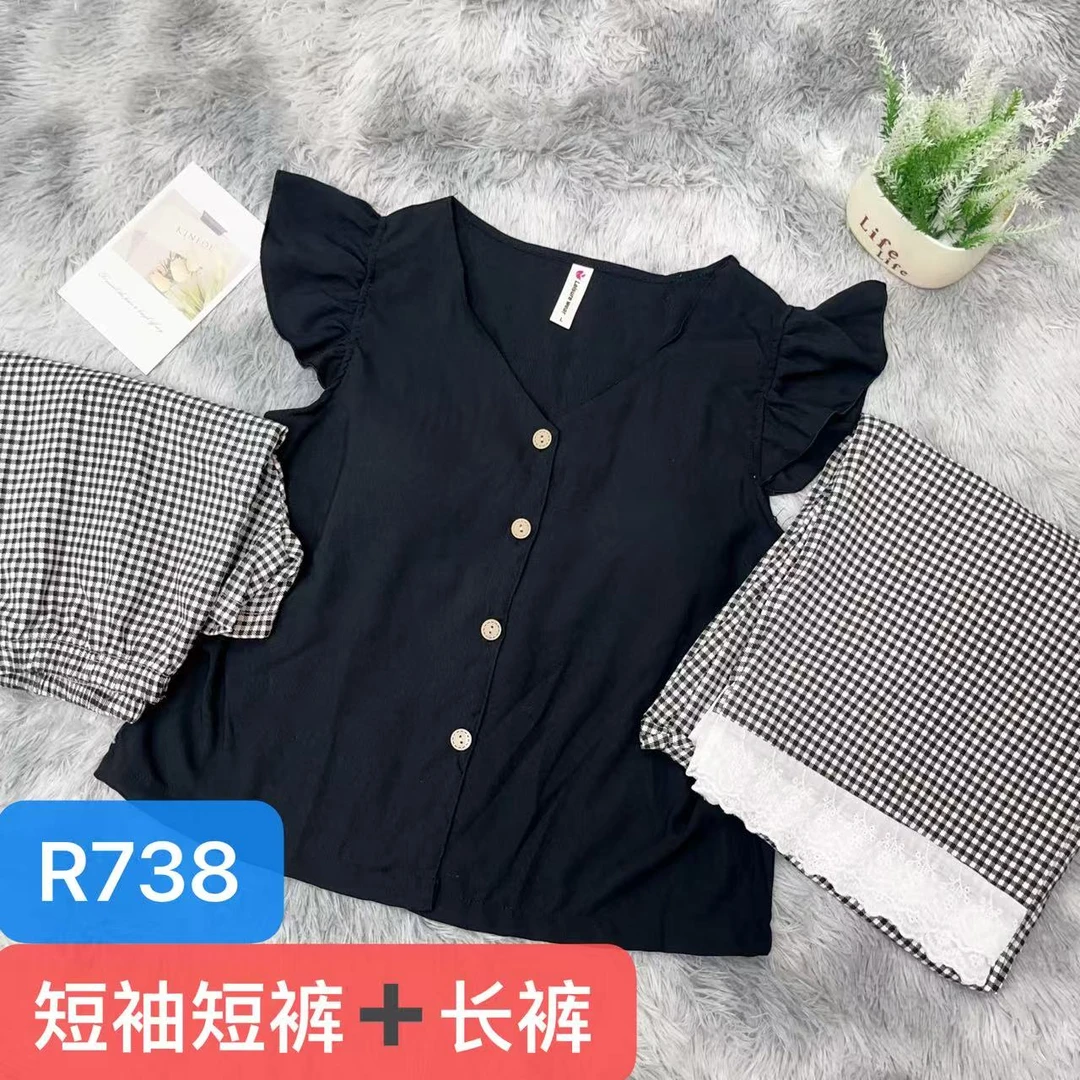 R738带胸垫夏季黑桃子AB搭小飞袖短袖+短裤+长裤三件套家居服套装