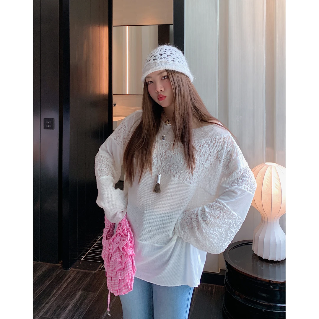 Dazi金大支 斜肩蕾丝宽松上衣0807/0310长袖百搭镂空薄款