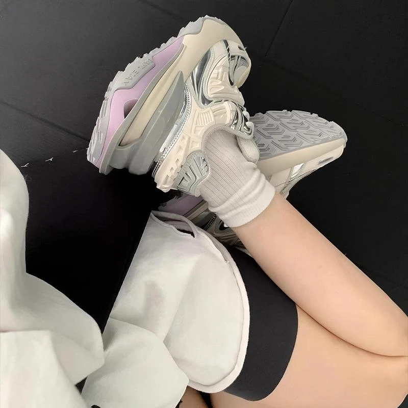 热门增高厚底潮流休闲防滑运动风明星同款复古硫化底网布面时尚老