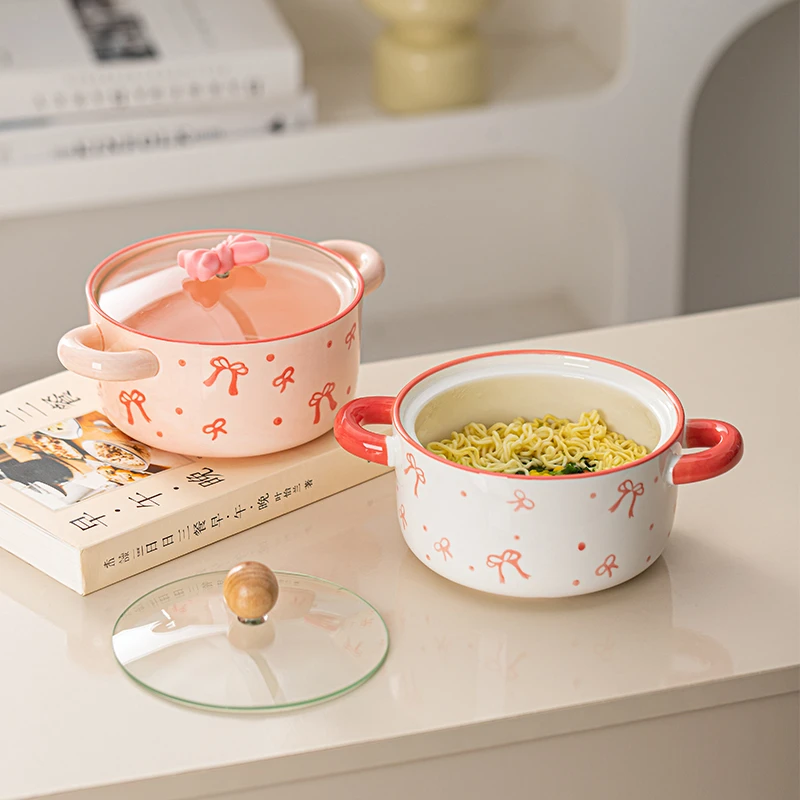 带盖泡面碗可爱双耳碗学生宿舍碗少女心家用汤碗粉蝴蝶结陶瓷餐具
