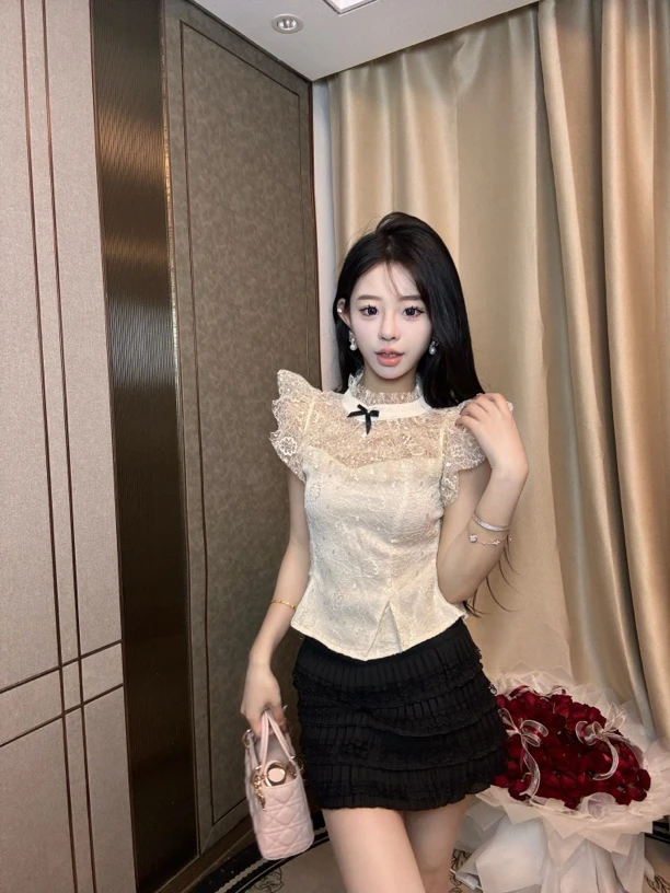 【早安丸丸】·岛屿信封蕾丝重工千金宫廷风亮片黑白撞色套装