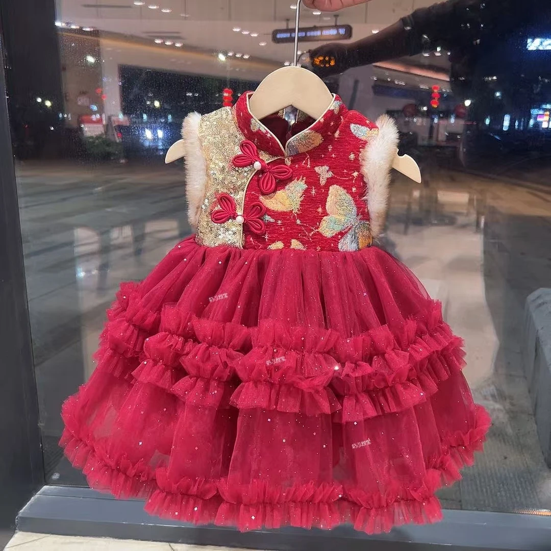 2025新中式安可拉红公主裙年服加绒女童秋冬网红儿童公主裙