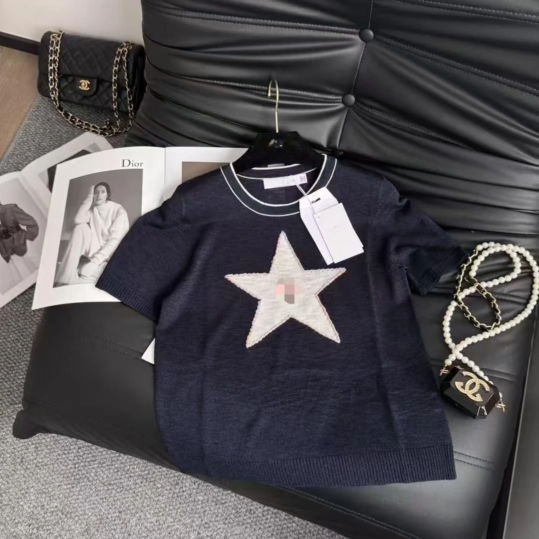 新款五角心提花字母圆领刺绣短袖轻薄针织衫