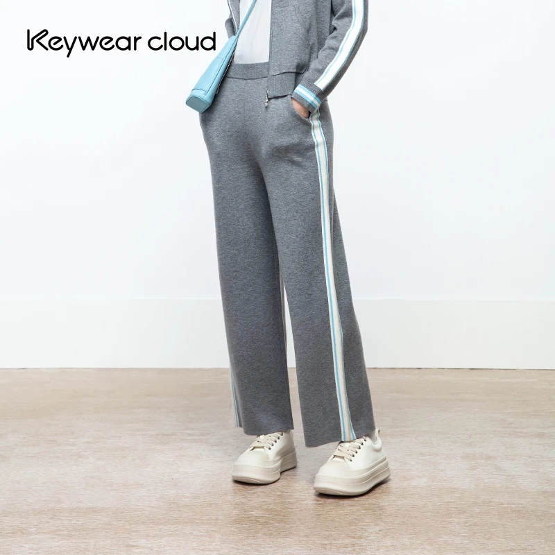 Keywearcloud奇威秋季老钱风舒适百搭撞色条纹轻运动针织休闲长裤