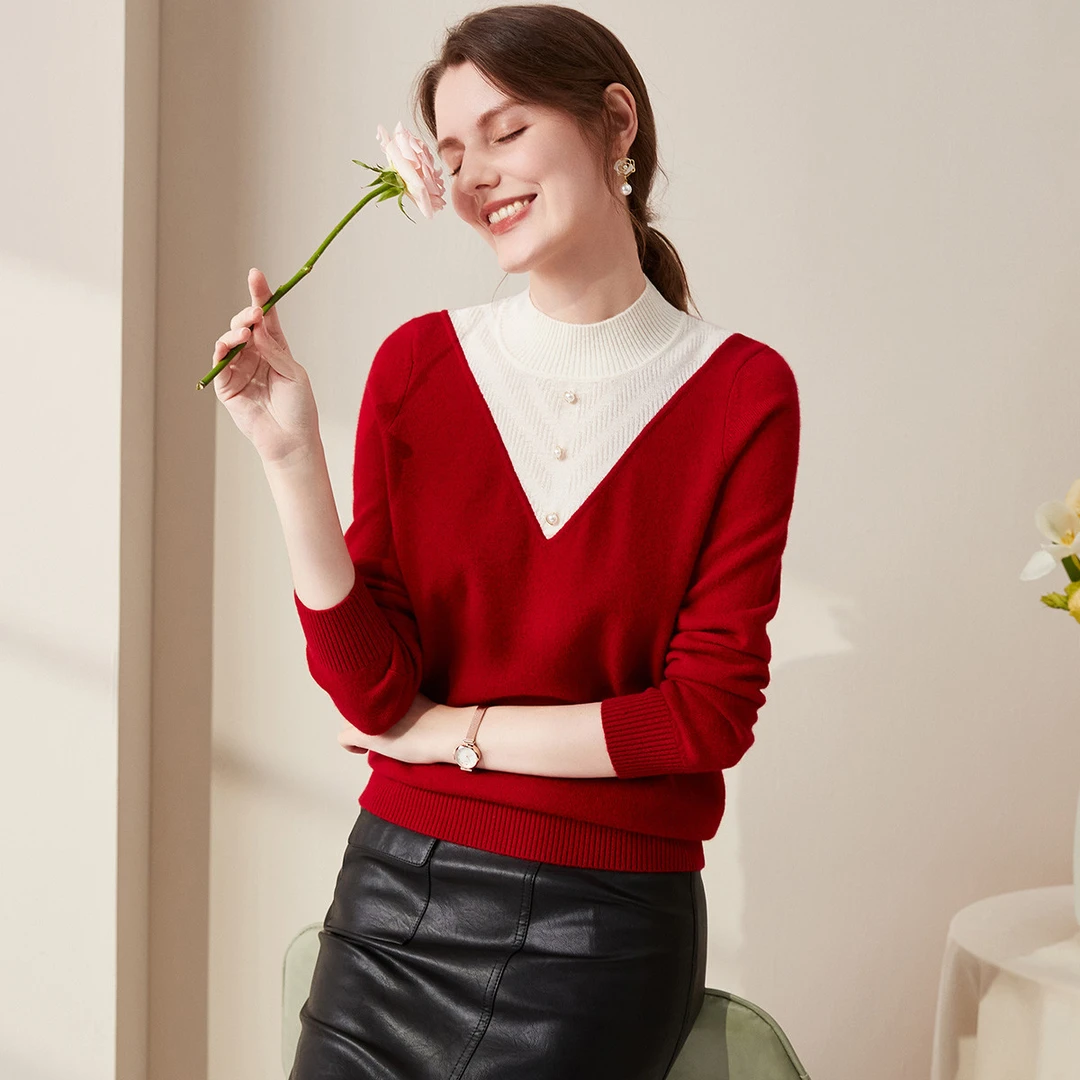 zhaojun/兆君假两件拼色半高领秋冬淑女毛衣女式羊绒衫ZSQ2520