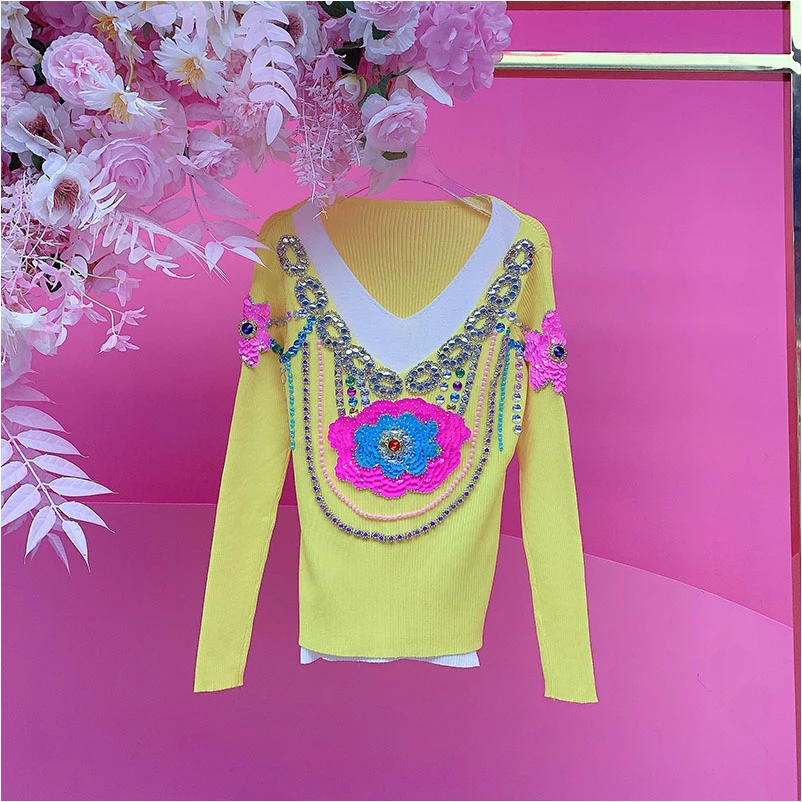QD1682欧美设计师2025冬季新款重工钉钻刺绣亮片花朵假两件针织衫