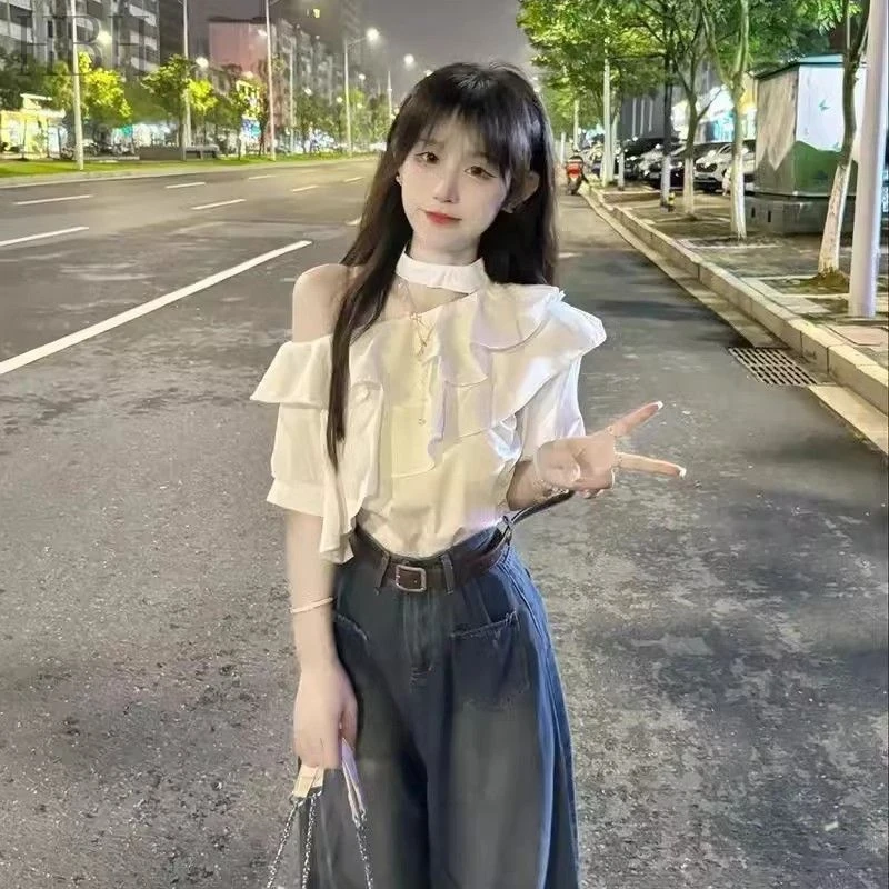 荷叶边法式衬衫上衣女高级感夏纯欲风性感斜肩洋气短袖挂脖式上衣