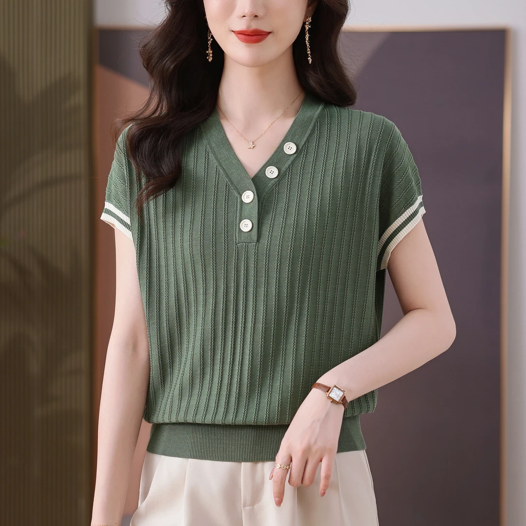【100天丝】清凉短袖T恤女夏季新款气质V领洋气上衣百搭宽松显瘦薄