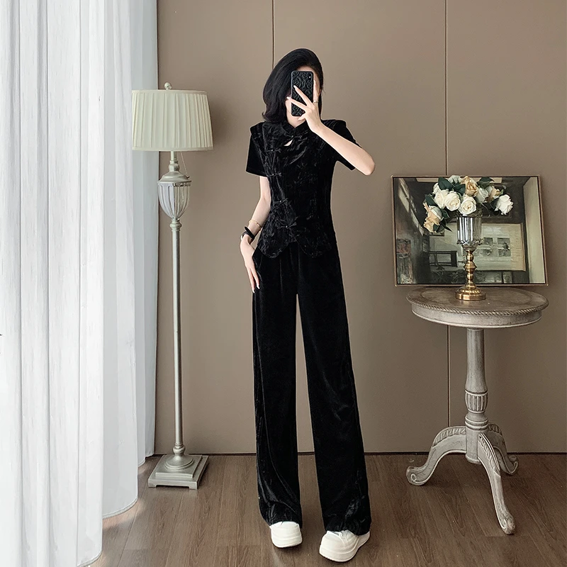 新中式时尚休闲套装女夏季减龄小香风超火休闲运动阔腿裤两件套装