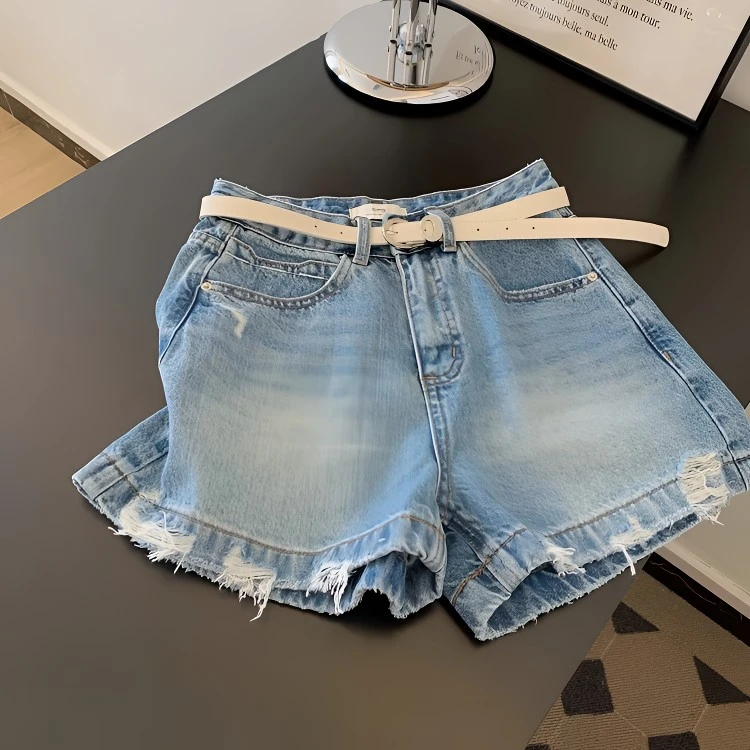 禾黍黎新款蓝色磨破牛仔短裤设计显瘦裤子百搭辣妹慵懒牛仔裤夏季