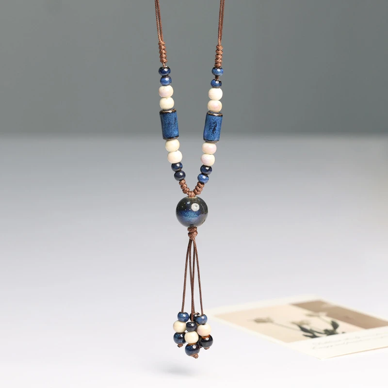 非金属陶瓷项链 【花釉宝石蓝项链】清冷感陶瓷项链毛衣链复古编织