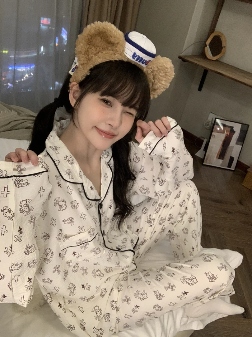 日系甜美可爱卡通小猫睡衣女春秋新款少女学生长袖长裤家居服套装