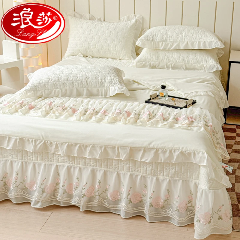 浪莎韩版水洗棉夏凉被四件套床盖款花边夏被公主风可机洗空调被子