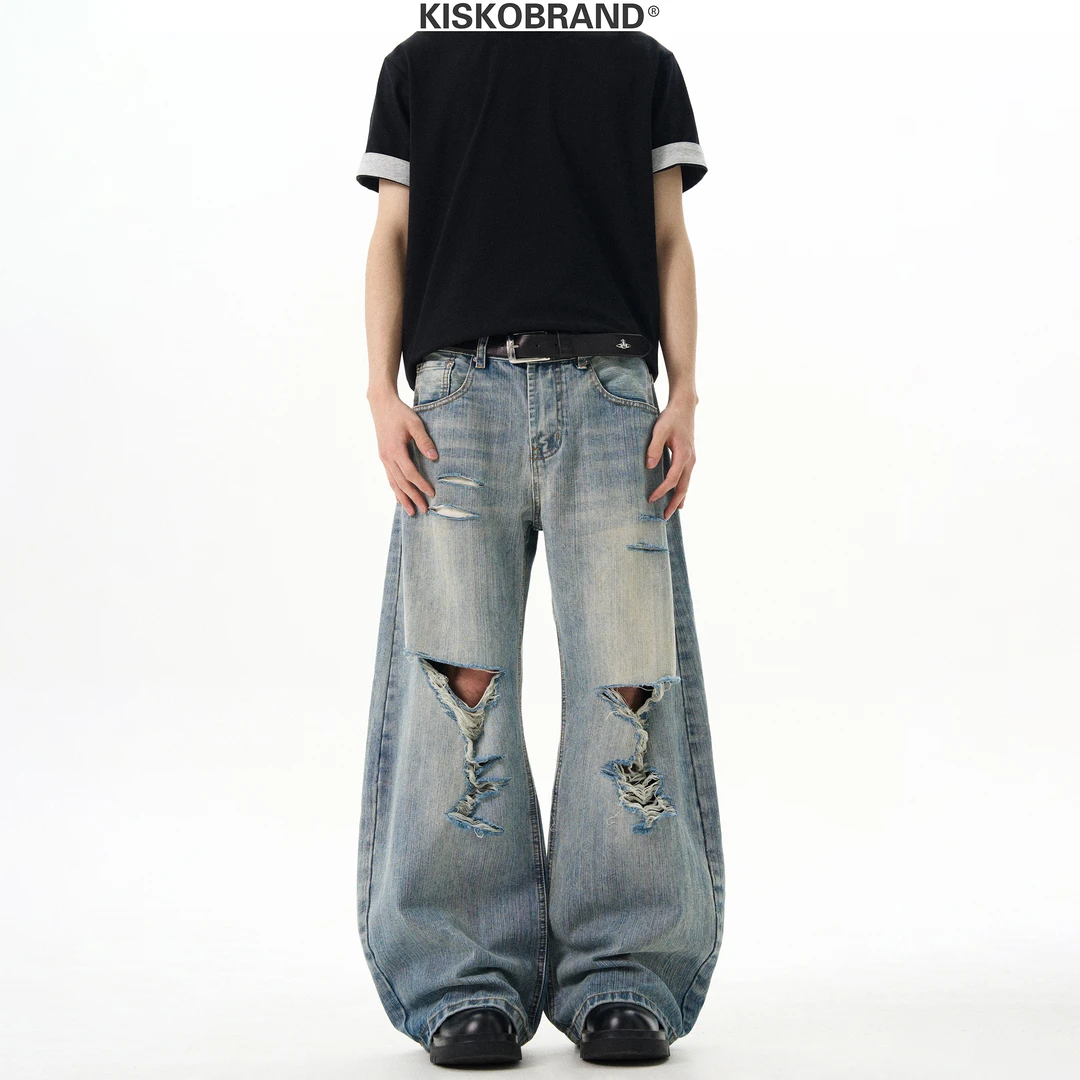 KISKO破洞水洗做旧蓝色弯刀牛仔裤男女设计感阔腿宽松裤子潮