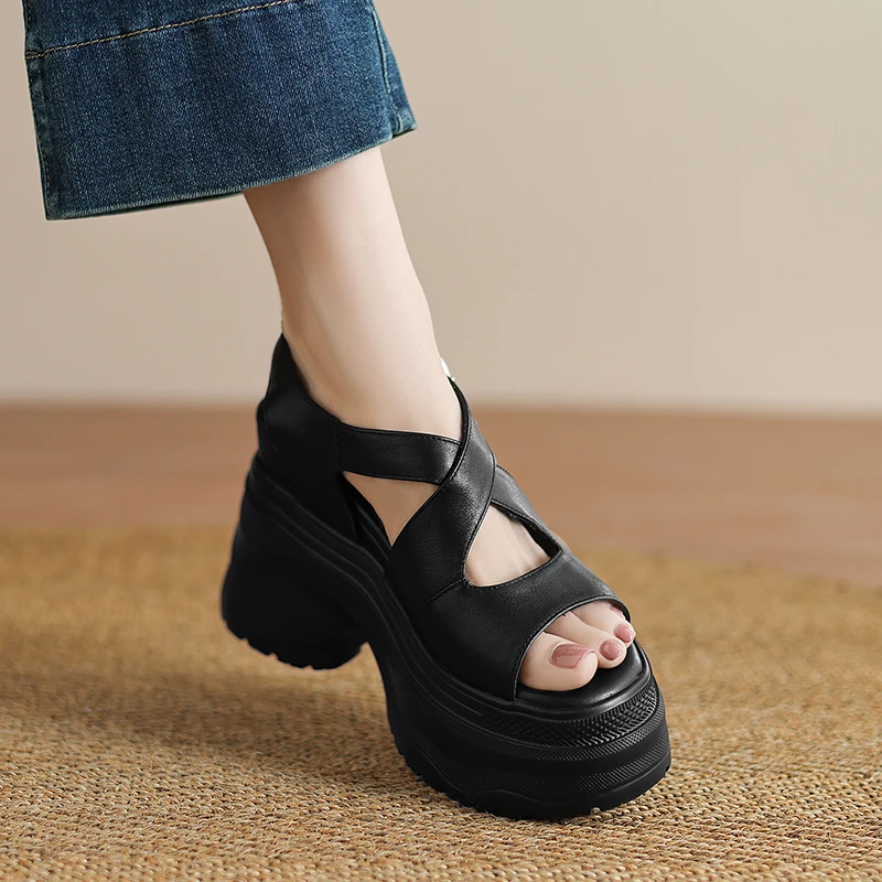 真牛皮!露趾夏季新款松糕底韩版休闲凉鞋时尚厚底百搭镂空凉鞋