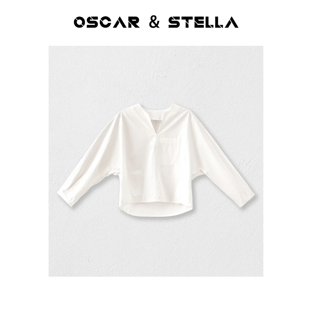 OSCAR&STELLA时尚纯棉V领休闲蝙蝠袖衬衫 210-S0025