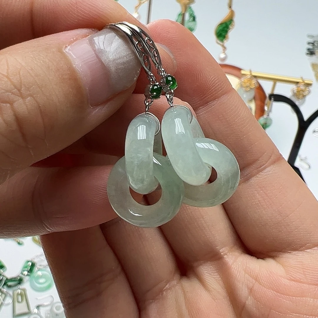 一***方翡翠18K金镶嵌耳饰天然缅甸A货翡翠