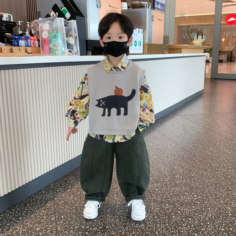 儿童衣服2025新款男童秋季套装休闲宝宝衬衫小男孩春秋毛衣三件套