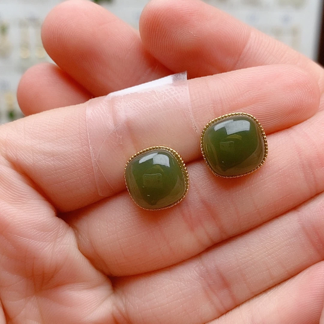 和田玉银S925镶嵌耳饰