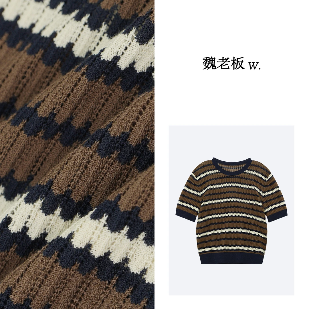 W.Diva【维纳斯】春季时尚百搭品质短袖条纹撞色针织衫2Z2224038