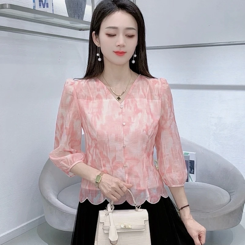 夏季新款衬衫时尚宽松显瘦遮肉气质透气薄款上衣法式衬衣碎花