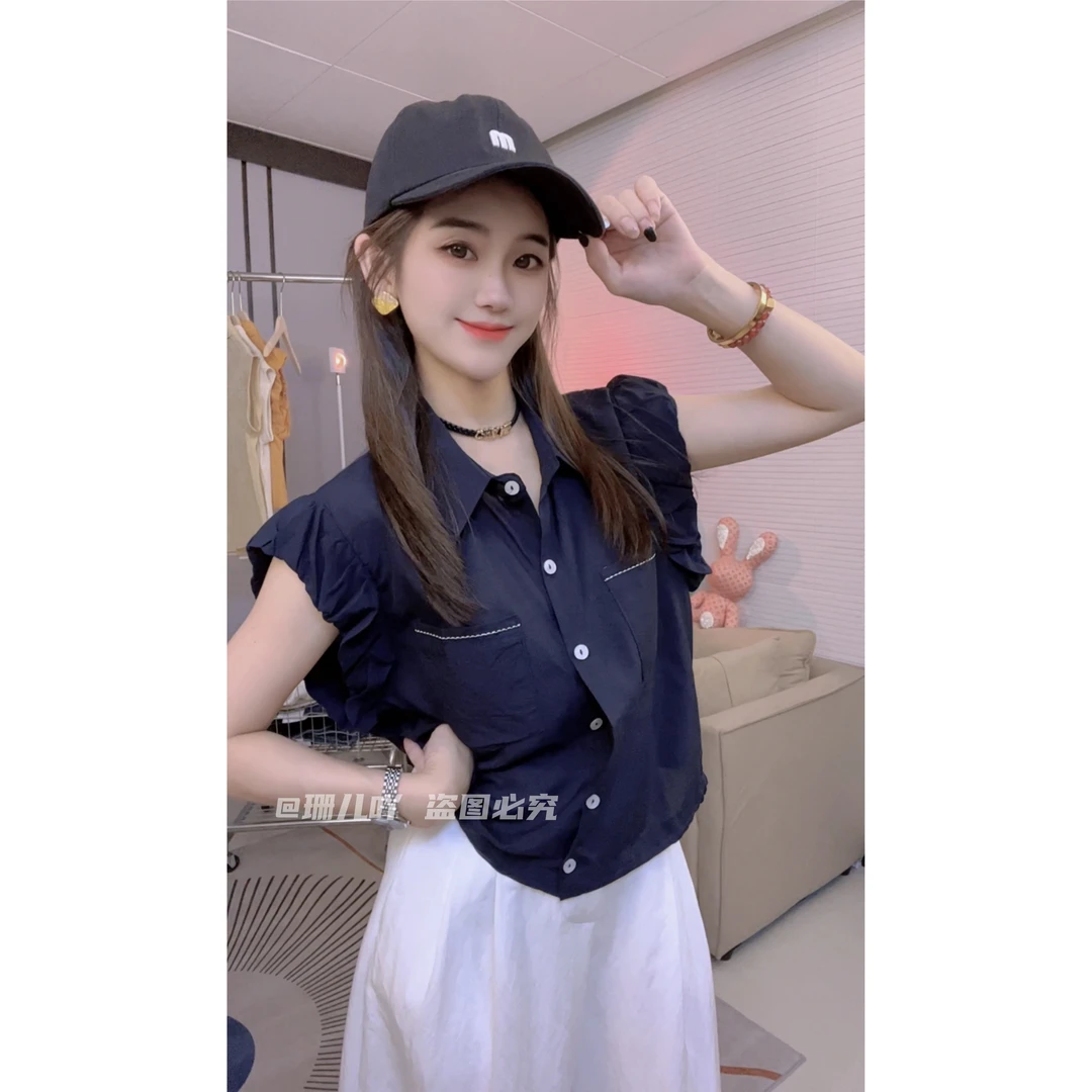 韩系设计感下摆抽绳POLO领小衫女夏季时尚宽松木儿边飞飞袖上衣