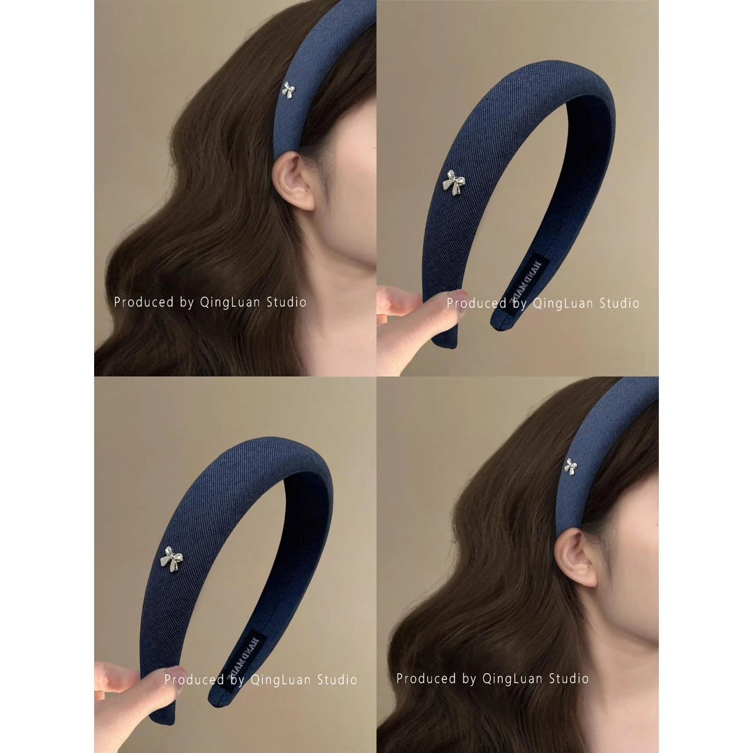 英区日常~覆古藏青色蝴蝶结发箍女2025新款百搭高颅顶头箍盘发