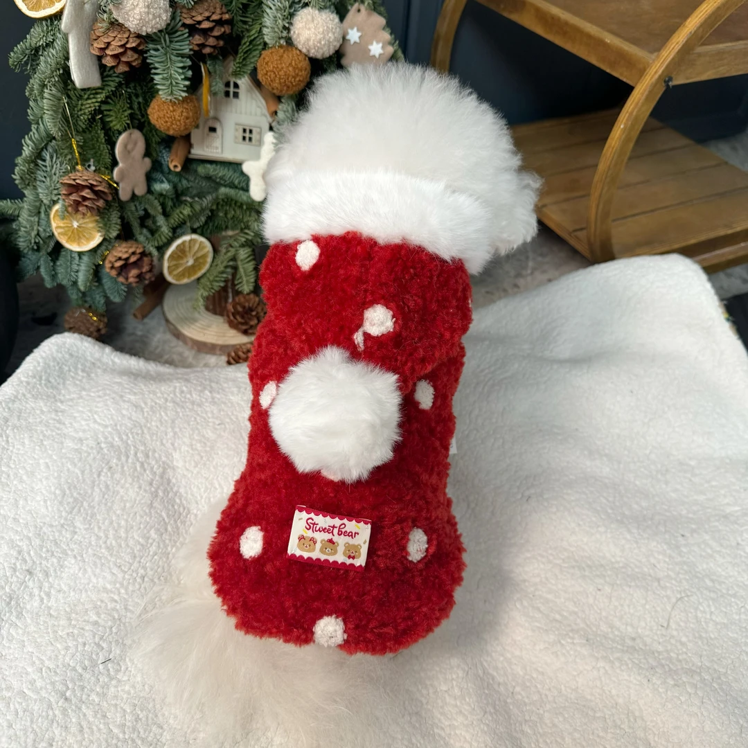 五只小白熊原创宠物衣服秋冬新款红色波点加厚帽子马甲狗狗猫外套