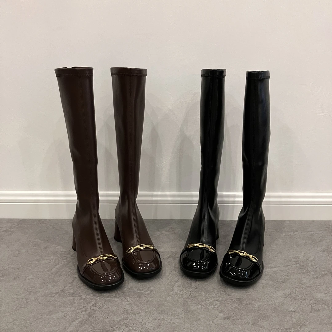 优雅百搭时尚显瘦气质小方头金属链粗高跟弹力瘦瘦靴长筒高筒秋冬