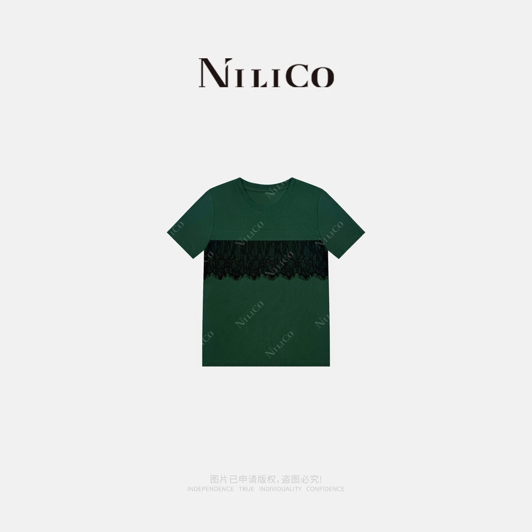 NILICO【碧玺】女装夏季轻奢碧绿色蕾丝个性拼接百搭圆领短袖T恤