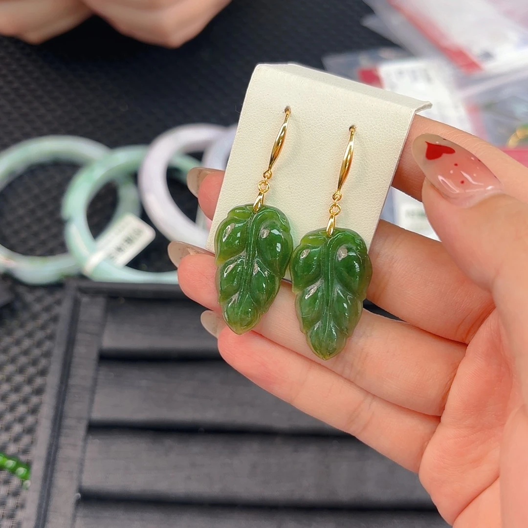 颈饰银S925镶嵌和田玉碧玉大号叶子耳环