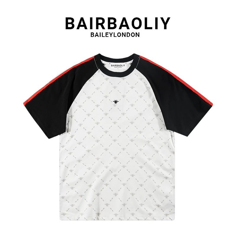 BAIRBAOLIY潮牌刺绣蜜蜂菱形格纹大牌质感短袖男撞色拼接美式T恤