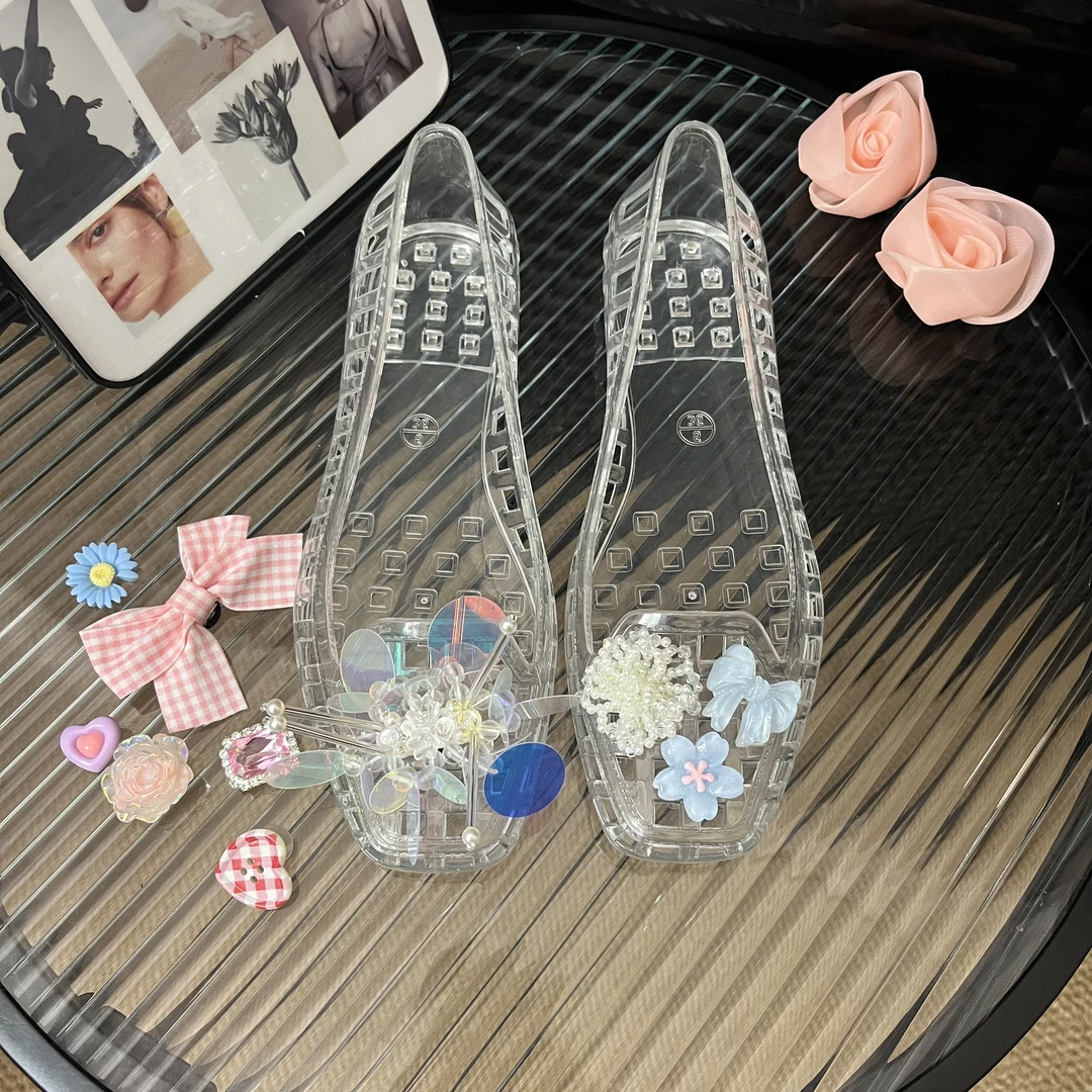 韩国果冻鞋子水晶鞋平底浅口方头镂空单鞋懒人透明DIY洞洞鞋女鞋