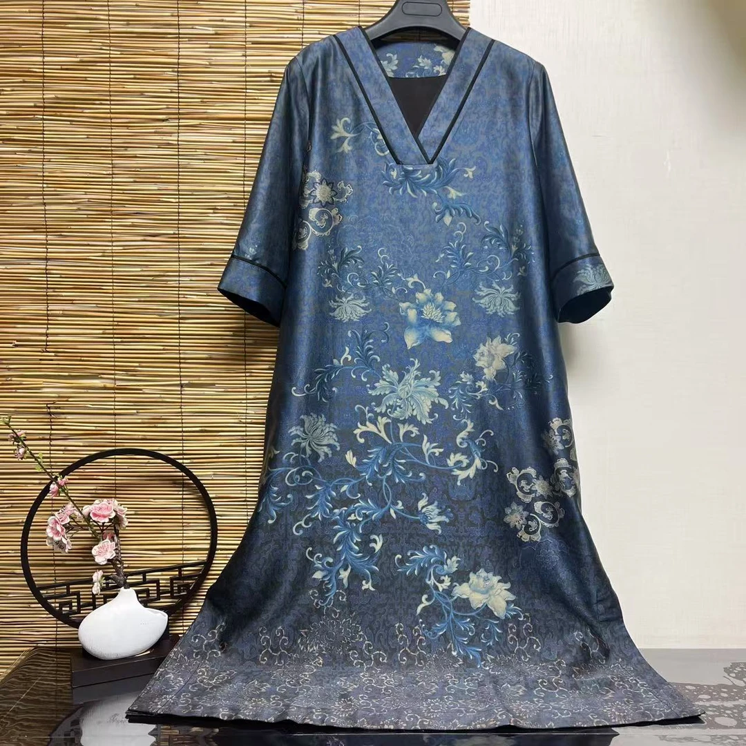 【华袍丝绸】上新百搭重磅重缎连衣裙NRSB-889625国风印花时尚