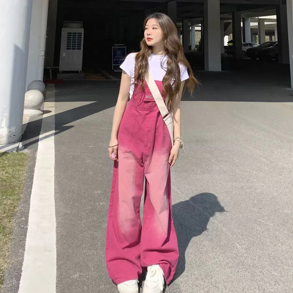 夏季树莓粉色阔腿牛仔背带裤女设计感小众复古韩版连体裤子长裤