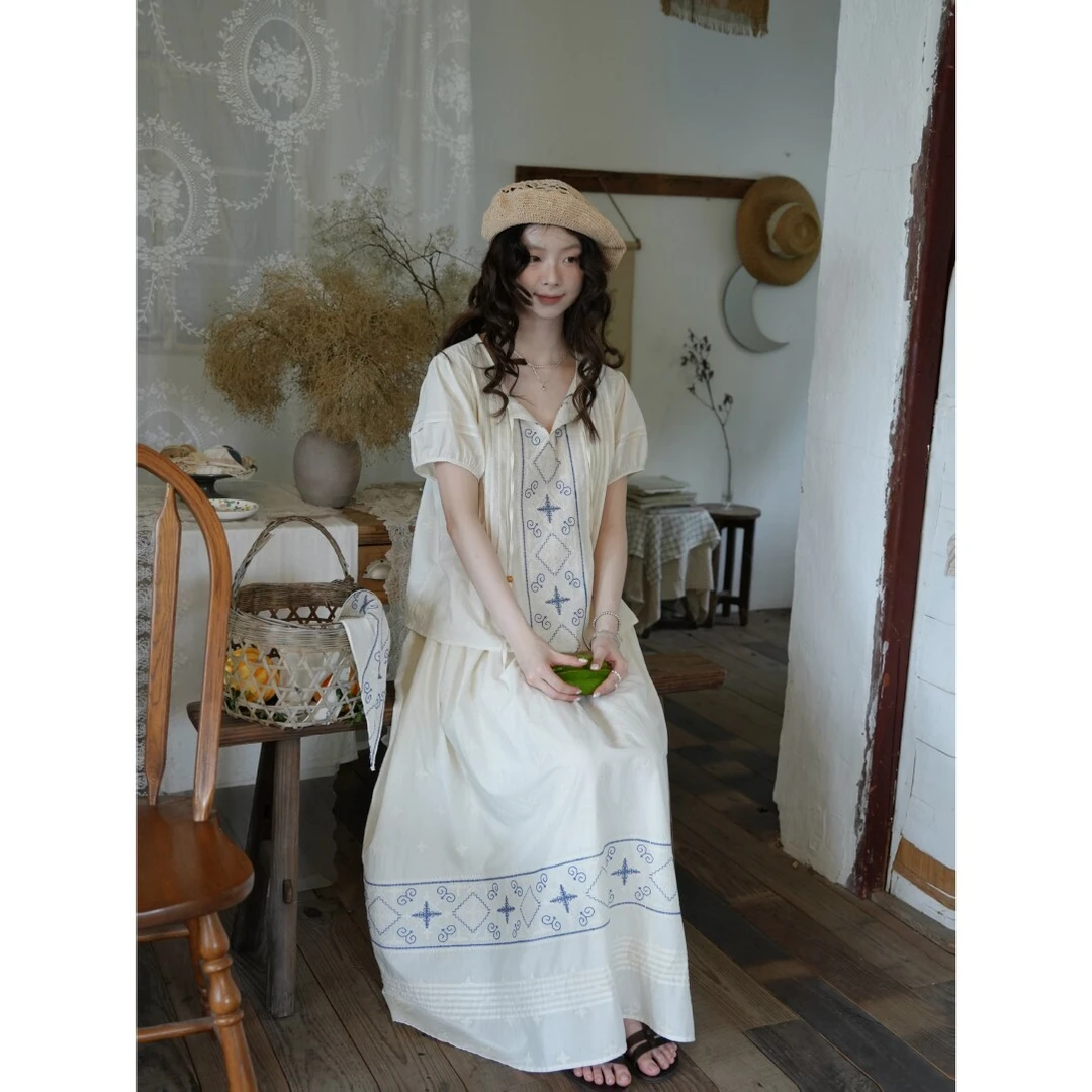 夏-白描集 100棉米杏色上衣＋半裙