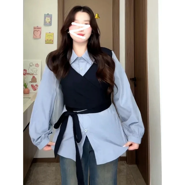 大码胖MM韩系百搭假两件长袖衬衫女秋季2025新款绑带收腰遮肉衬衣