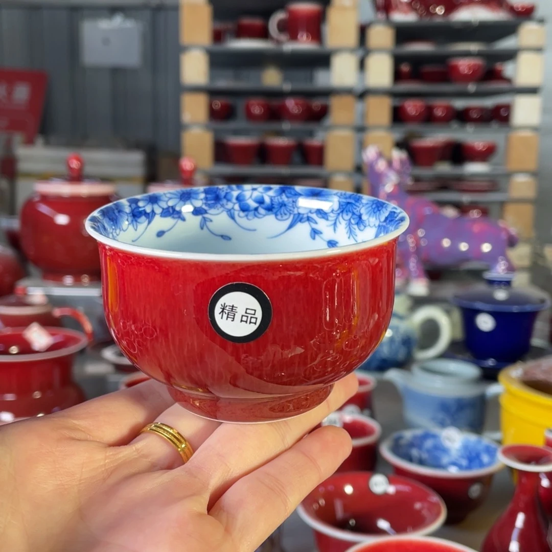 清欢雅玩原矿郎红精品内绘蝶恋花炉士杯