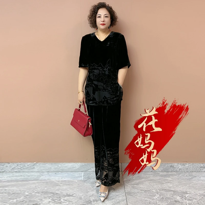 H夏季经典气质妈妈真丝绒烧花大码200斤两件套夏季时尚减龄套装