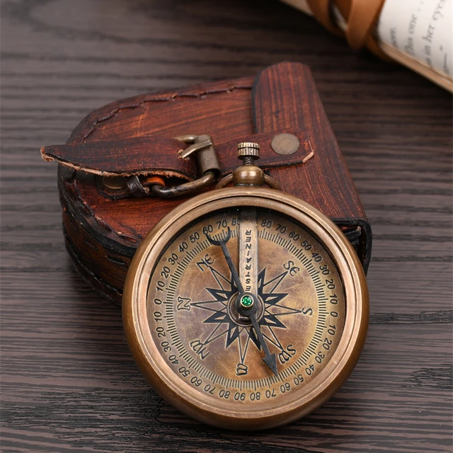 欧式覆古黄铜指南针怀旧便携式指北针迷你望远镜书房软装摆件
