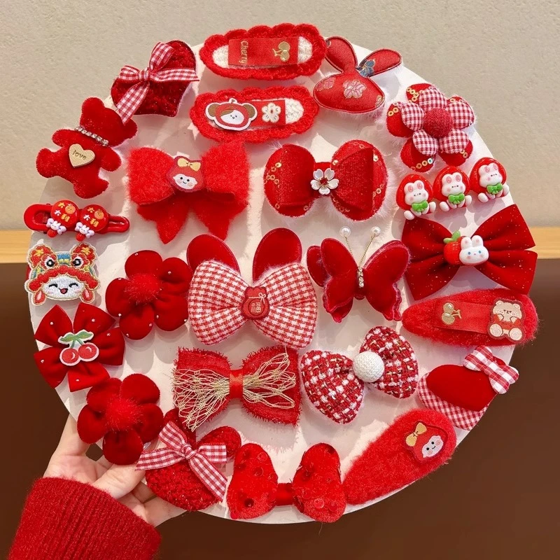 *儿童新年卡通发饰新款红色喜庆可爱发夹女童宝宝过年拜年头饰发