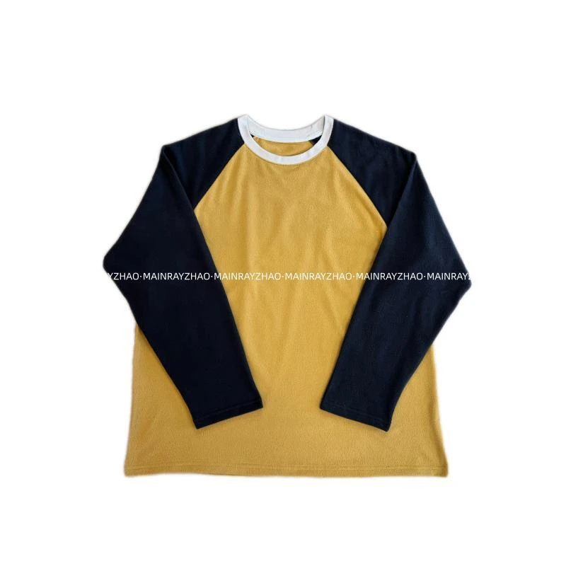 『MAINRAY ZHAO』美式复古慵懒感撞色拼接加绒圆领插肩长袖T恤