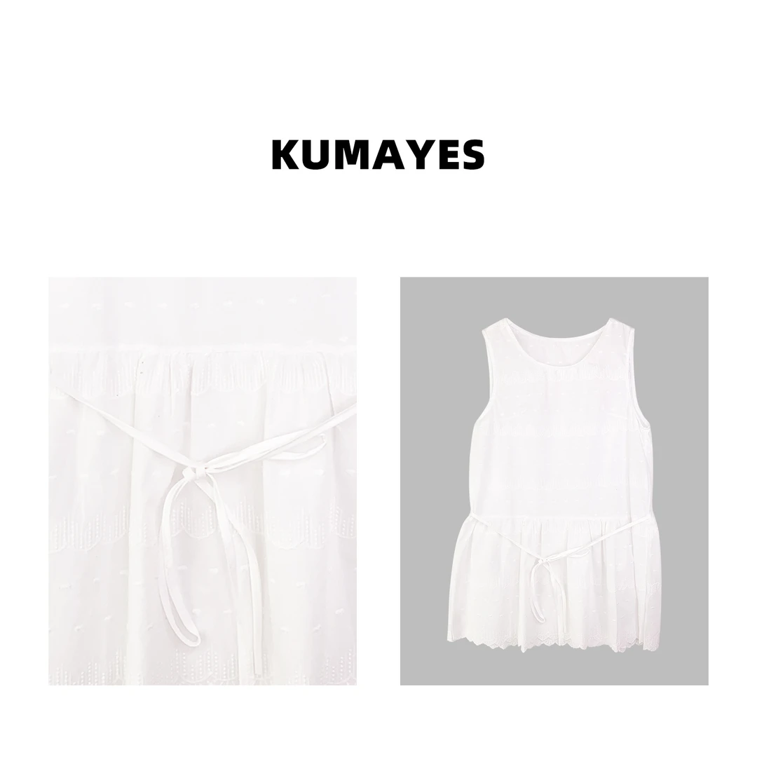 KUMAYES日系中长款无袖背心娃娃衫蕾丝镂空叠穿宽松休闲裙摆上衣
