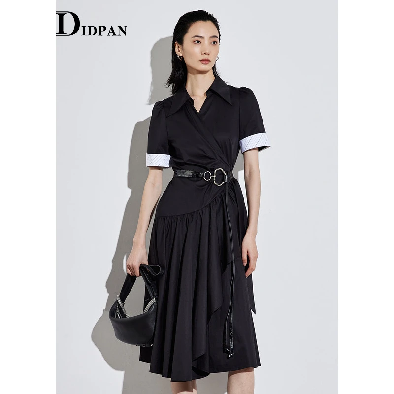 IDPAN气质夏季黑色小众收腰设计师撞色设计感短袖连衣裙2E2L93139