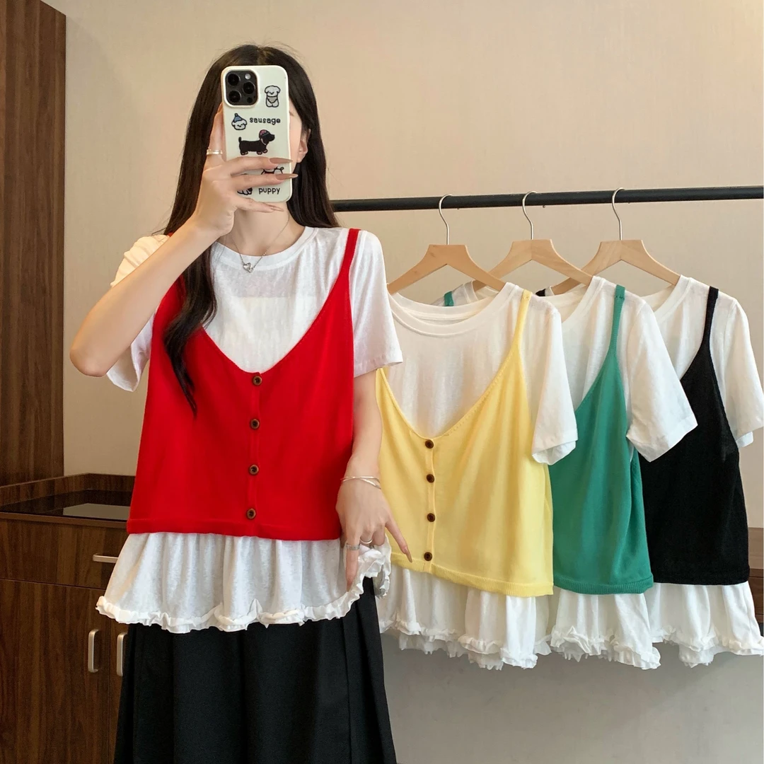 2025大码女装新款设计感吊带T恤两件套短袖上衣3192