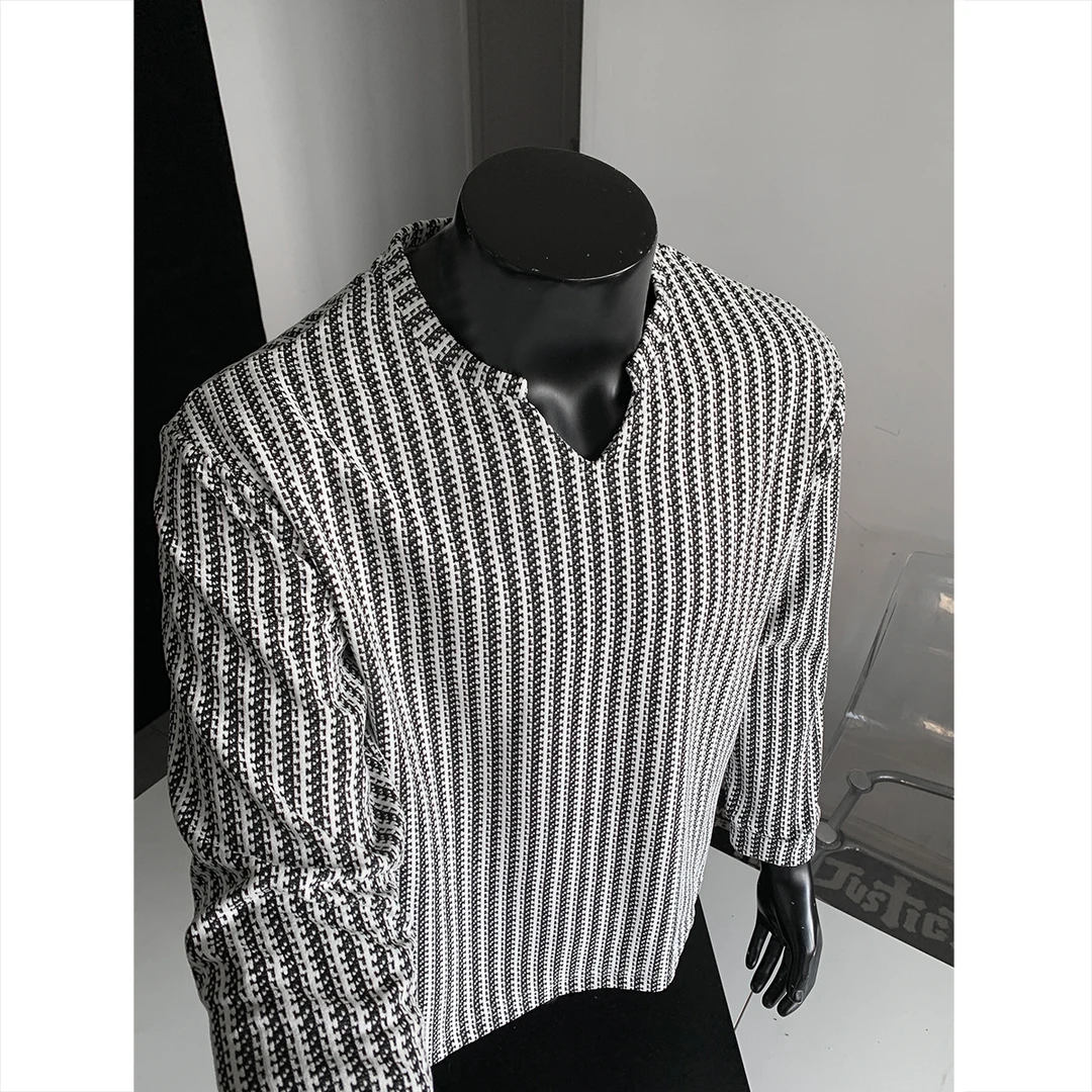 黑白拼色鱼骨纹V领长袖t恤男装秋季新款美式慵懒感宽松内搭打底衫