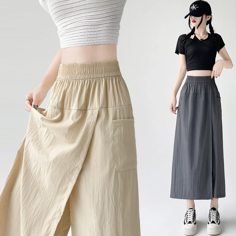 实拍2025夏季轻薄透气显瘦松紧腰裤裙直筒百搭薄款半身裙休闲裤女
