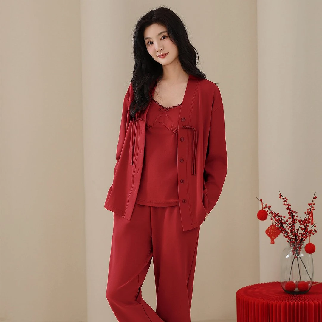 RUSIFEN/汝斯芬秋冬纯棉红色睡衣家居服女士本命年喜庆套装长袖